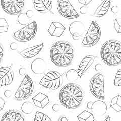 Seamless pattern with orange, lemon and mint. Summer vector illustration. Ingredients with mojito. Doodle illustration.