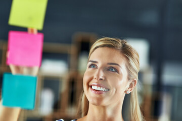 Improving business with a well laid out plan. Shot of a young woman having a brainstorming session with sticky notes at work.