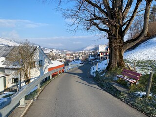 Winter snow idyll along the rural alpine road above the Obertoggenburg valley and on the slopes of the Alpstein mountain range - Nesslau, Switzerland (Schweiz)