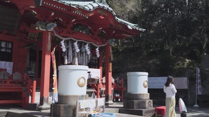 Lady greeting the Buddha at the temple