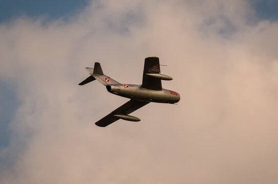 Gdynia, Poland - August 22, 2021: MIG-15 flight at the Aero Baltic show in Gdynia, Poland.