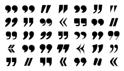 Quotation mark icons various designs, double commas and guillemets. Quote square and round punctuation signs for speech citation vector set - obrazy, fototapety, plakaty