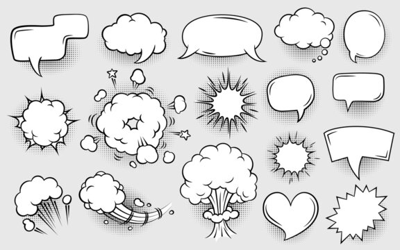 Comics book speech bubbles clouds for sound effects, pops and explosions. Dialogue balloons, heart shaped frame. Cartoon chat bubble frames with halftone shadow vector set