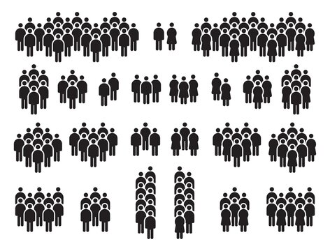 People in crowd black silhouette icons, citizen or society community. Human stick figure gather sign. Men and women on demonstration vector set