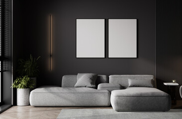 Mock-up two poster frame in dark modern living room with gray sofa, lamp and coffee table on wooden laminate. Stylish interior background. 3d render