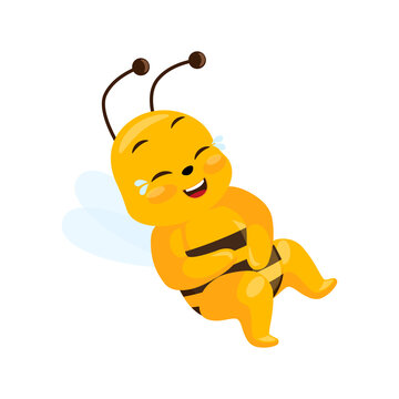 Cute bee laughing to tears isolated on white background. Smiling cartoon character happy.