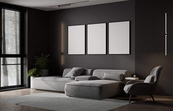 Frame mockup in luxury modern dark living room interior, empty wall mock up, 3d render