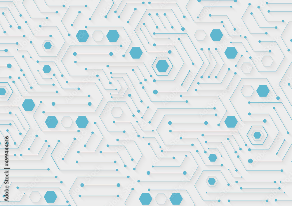 Poster futuristic electronic circuit technology and hexagon on while background. hi-tech digital data conne