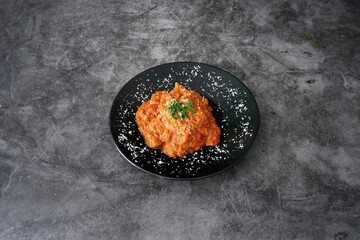 Assorted Indian dishes of rice and curry on wooden background