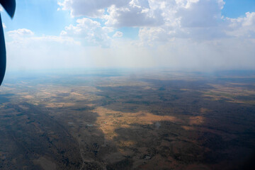 View of Thar desert below from an aeroplane, Rajasthan, India. The propellers and thar desert in...