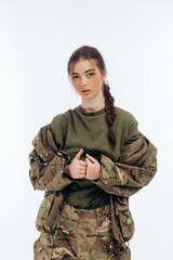 Girl in military uniform. Ukrainian. War in Ukraine. Bucha. on a white background