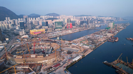 Kai Tak old airport in aerial view, the old airport area in Hong Kong and rebuild as the...