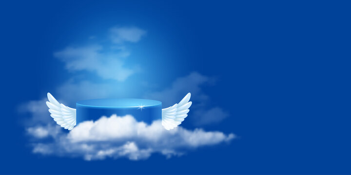 Blue sky background, 3d product podium with a wings among by clouds. Vector illustration.
