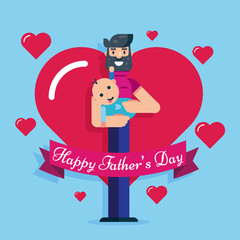 Obraz premium Happy Fathers Day june background banner post poster vector, child baby in dad hand design