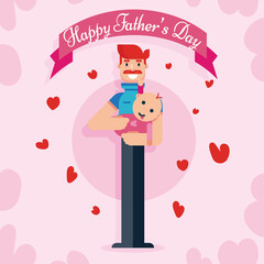 Happy Fathers Day june background banner post poster vector, dad with kid baby child illustration