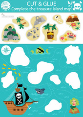 Naklejka premium Vector pirate cut and glue activity. Crafting game with cute island map and sea landscape. Fun treasure hunt printable worksheet for children. Find the right piece of the puzzle. Complete the picture.