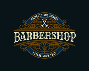 Barbershop vintage Luxury frame Logo Badge with flourish Victorian Ornament

