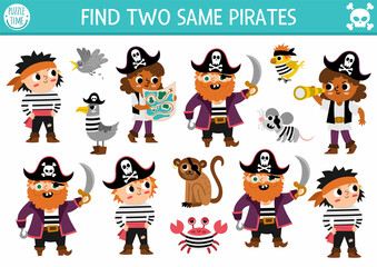 Find two same pirates. Treasure island matching activity for children. Sea adventures educational quiz worksheet for kids for attention skills. Simple printable game with cute captains and animals.