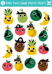 Find two same pirate fruits. Treasure island matching activity for children. Sea adventures educational quiz worksheet for kids for attention skills. Simple printable game with cute banana, apple.