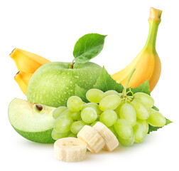 Isolated fruits. Banana, apple, green (yellow) grapes with leaves isolated on white background with clipping path