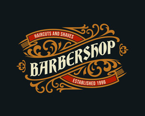 Fototapeta na wymiar Barbershop vintage Luxury frame Logo Badge with flourish Victorian Ornament 