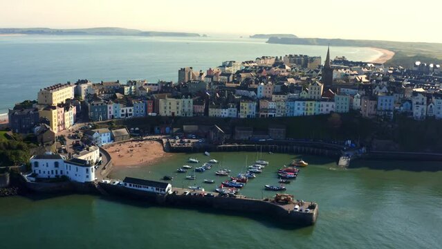 Aerial drone 4k footage of Tenby bay based in south wales uk, stunning sea landscape view from above