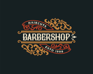Barbershop vintage Luxury frame Logo Badge with flourish Victorian Ornament  © Invasistudio