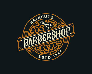 Barbershop vintage Luxury frame Logo Badge with flourish Victorian Ornament
