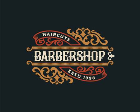 Barbershop vintage Luxury frame Logo Badge with flourish Victorian Ornament
