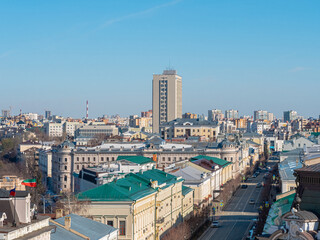 Magical view from the Spasskaya Tower of the Kazan Kremlin. Main street of the city. Kremlin Street.