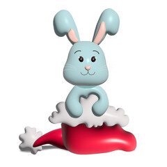 3D illustration of cute blue rabbit in santa hat. Vector flat bunny in red santa hat illustration. Isolated on a white background. Design for Christmas and winter holidays. Symbol of the year.