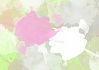 Watercolor background for text. Green abstract backdrop with pink splashes and white spots. Background in grunge style with spray effect.