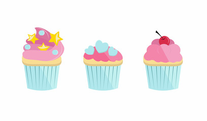 Cupcake with icing. Three types cupcake with cream and decoration.Cartoon style vector illustration.