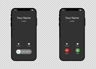 Phone screen, call button and icon. Smartphone and app design, smart technology. Illustration of incoming call and connection. Vector. - obrazy, fototapety, plakaty