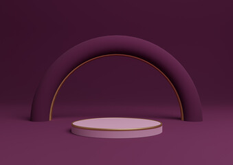 Dark magenta, purple 3D rendering simple product display cylinder podium or stand with golden lines minimal composition with an arch geometric and luxurious shine