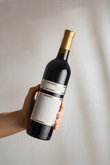 Male hand holds big bottle of red semisweet sweet or dry wine with no brand label, mockup template. Vertical shot, white background