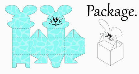 Charming DIY party box for birthdays, children's parties with a cute bunny for sweets, sweets, small gifts. Colour scheme for printing. Print, cut out, fold, glue. Vector stock illustration. 