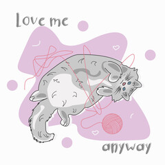 Cute lazy cat with ball of thread. Can be used for print t-shirts, socks kids, fashion design print, greeting cards, baby shower cards and invitations