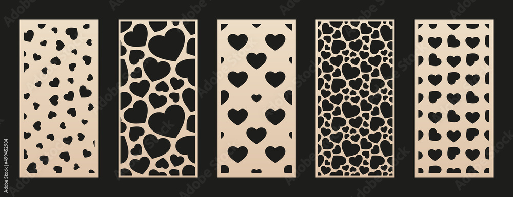 Poster Laser cut patterns collection with hearts. Vector template with heart shapes. Valentine's day design. Decorative panel set for laser cutting of wood, metal, paper, plastic, engraving. Aspect ratio 1:2