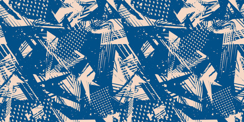 Abstract grunge camouflage seamless pattern. Urban art texture with chaotic shapes, lines, dots, strokes, paint splashes, patches. Blue and beige graffiti vector background. Modern funky repeat design