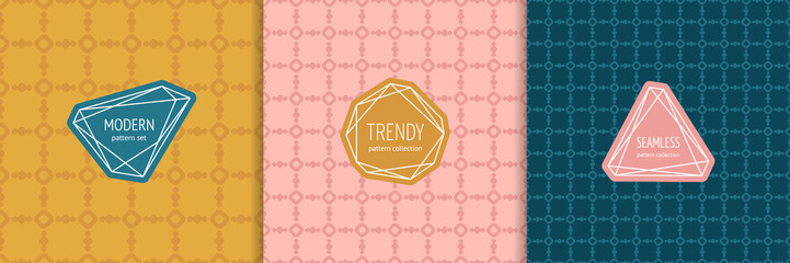 Vector abstract seamless pattern set with stylish labels, badges. Trendy cover designs. Abstract texture with geometric grid ornament, circles, dots. Background templates for banner, decor, package