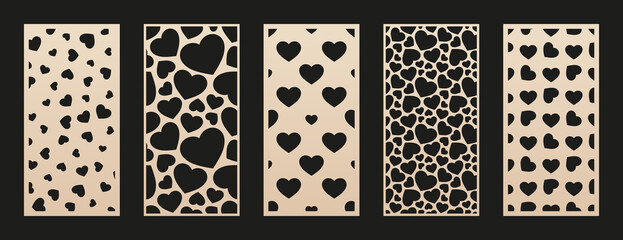 Laser cut patterns collection with hearts. Vector template with heart shapes. Valentine's day design. Decorative panel set for laser cutting of wood, metal, paper, plastic, engraving. Aspect ratio 1:2