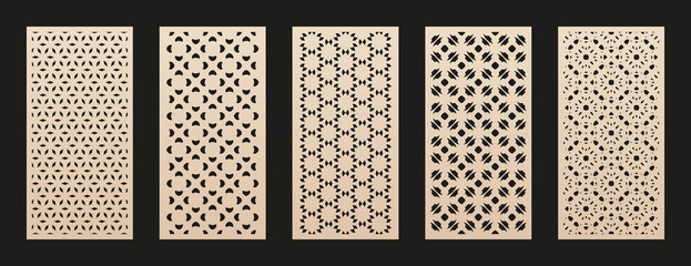 Vector templates for laser cutting. Elegant patterns set with geometric ornaments in Arabian style, floral grid. Decorative stencil for wood cut, paper card, metal, engraving. Aspect ratio 1:1, 1:2