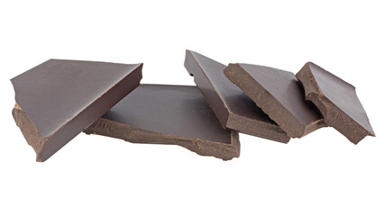 black chocolate pieces isolated on white background
