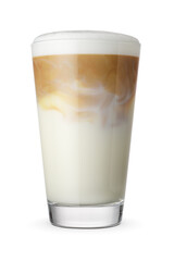 Latte coffee in a transparent glass cup isolated.
