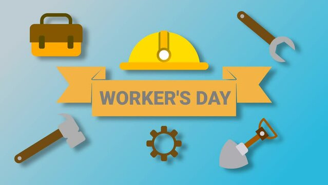 Worker's day animation with tools isolated on blue background. Loop motion animation.