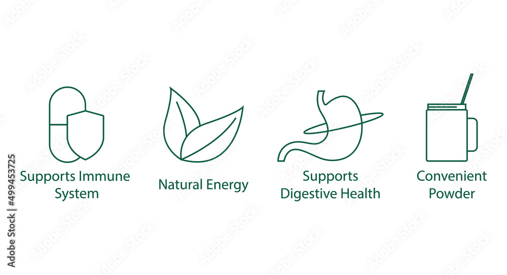 Canvas Prints Greens Blend Superfood packaging icon set supports immune system, natural energy, supports digestive health, convenient powder 