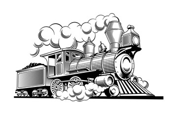 Vintage steam train locomotive, engraving style vector illustration. - obrazy, fototapety, plakaty
