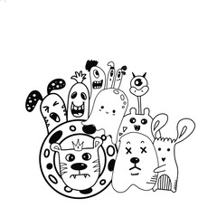 Hand drawn abstract cute comic characters. poster paintings of cheeky cartoon figures that are both beautiful and fun.