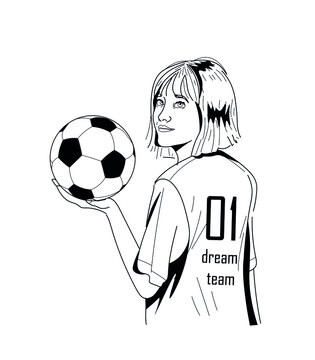 Girl holding a ball. Football player number one, black and white. Black solid outline. 
